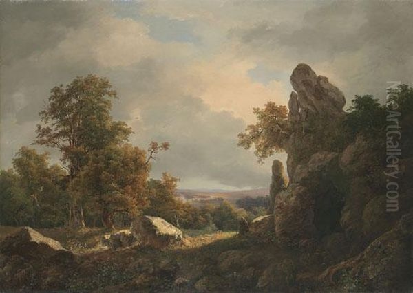 Felsige Landschaft Mit Sinnendem Monch Oil Painting by Julius Steinkopf