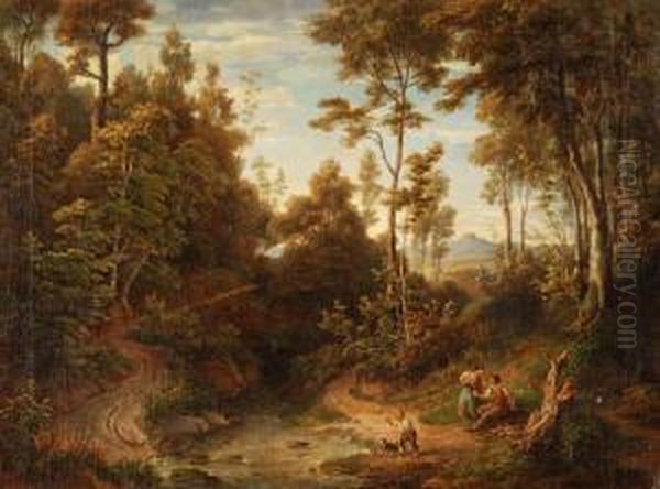 Zugeschrieben. Landschaft Mit Familie Bei Der Rasten Oil Painting by Julius Steinkopf