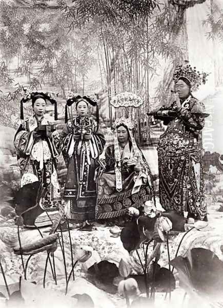 Portrait of Tz'U-Hsi (1835-1908) Empress Dowager of China accompanied by two maids of honour and a guard Oil Painting by Anonymous Artist