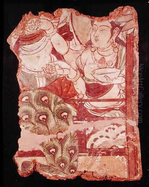 Fragment depicting a Buddhist paradise, from Duldur-Aqur, Xinjiang, c.700 AD Oil Painting by Anonymous Artist