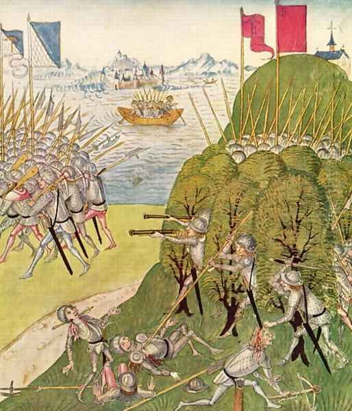 Soldiers armed with guns, lances and crossbows, from the Berner Chronik, by Diebold Schilling the Elder c.1445-85 1483 Oil Painting by Anonymous Artist