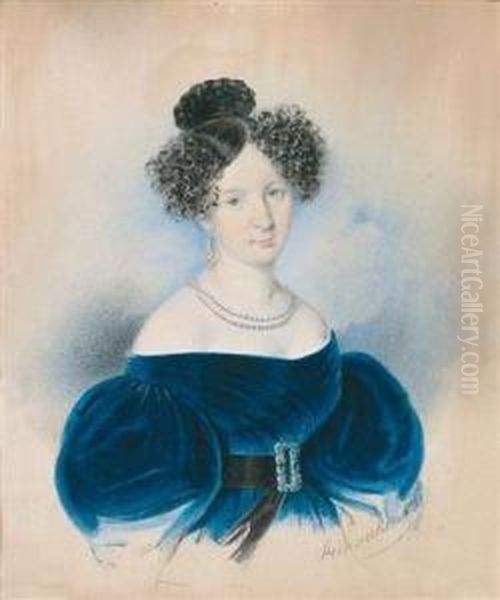 A Portrait Of Alady In A Blue Dress Oil Painting by Leopold Steinrucker