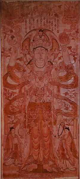 Avalokiteshvara with nine heads and six arms, from Dunhuang, Gansu Province, Tang Dynasty (618-907) Oil Painting by Anonymous Artist