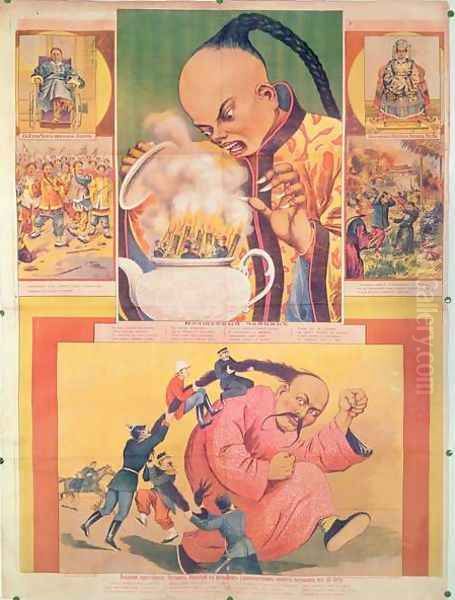 Comic Russian poster satirizing the Europeans in China, printed in Moscow, Russia, 1900 Oil Painting by Anonymous Artist