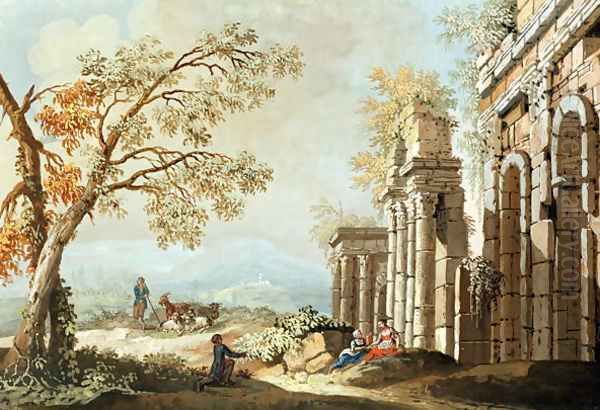 A Shepherd with Goats and other Figures amongst Classical Ruins (early 18th) Oil Painting by Anonymous Artist