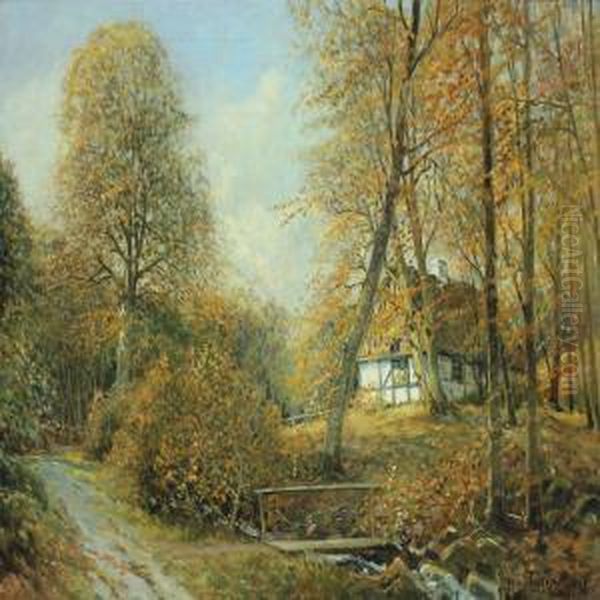 Scenery With House By Stream, Moesgaard Oil Painting by Viggo Stender