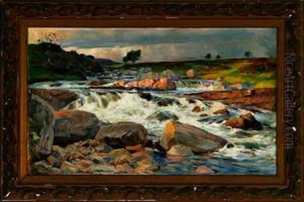 Norwegian Landscape With A Roaring Waterfall Oil Painting by Gudmund Stenersen