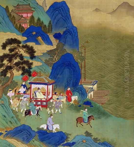 Emperor Ch'in Wang Ti (221-206 BC) travelling in a palanquin, from a history of Chinese emperors Oil Painting by Anonymous Artist