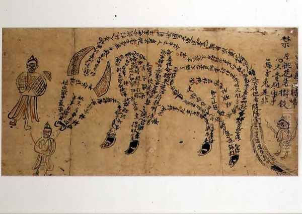 Handpainted incantation depicting a water buffalo composed of a poem with three Taoist priests, South Chinese Oil Painting by Anonymous Artist