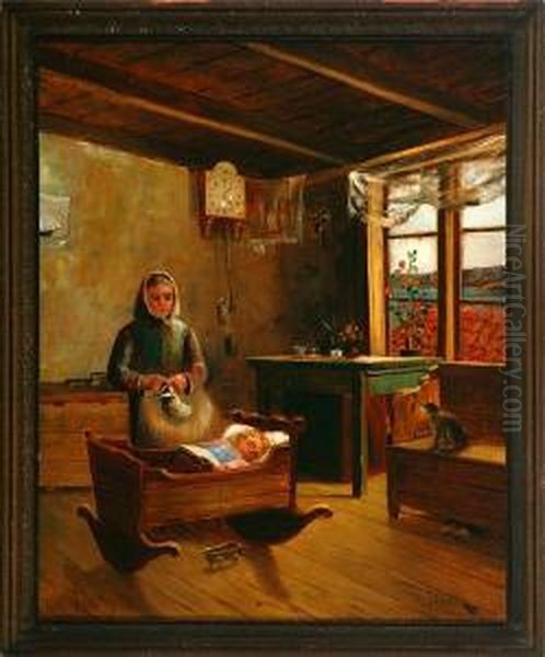 A Country Interior With A Knitting Lady And Sleeping Child I A Cradle. Signed Oil Painting by Oscar Frans Stenvall