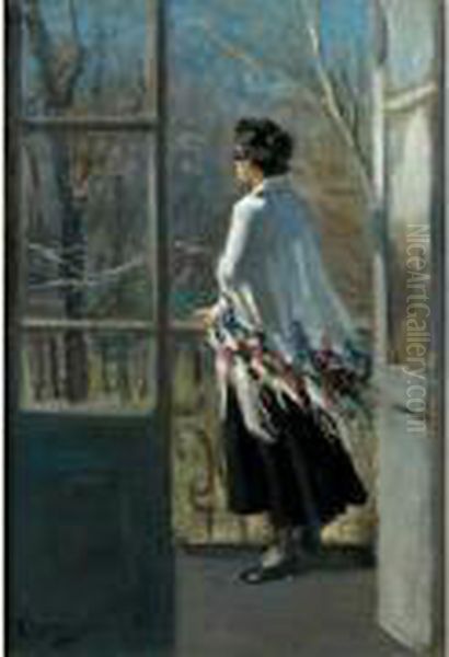 Jeune Femme A Sa Fenetre, Au Printemps Oil Painting by Alexis Stepanof