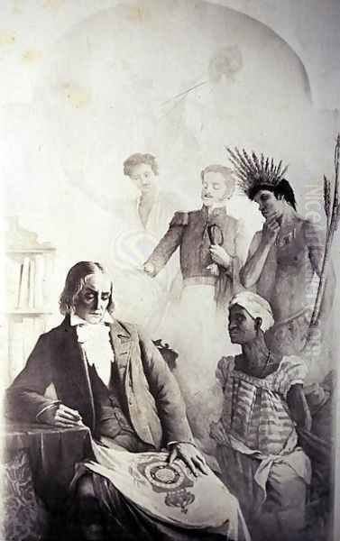 Founder of the Brazilian Country, 7th September 1822 - An Allegory representing the three races- the African slave, the Portuguese and the native Indian with Jose Bonifacio Oil Painting by Anonymous Artist