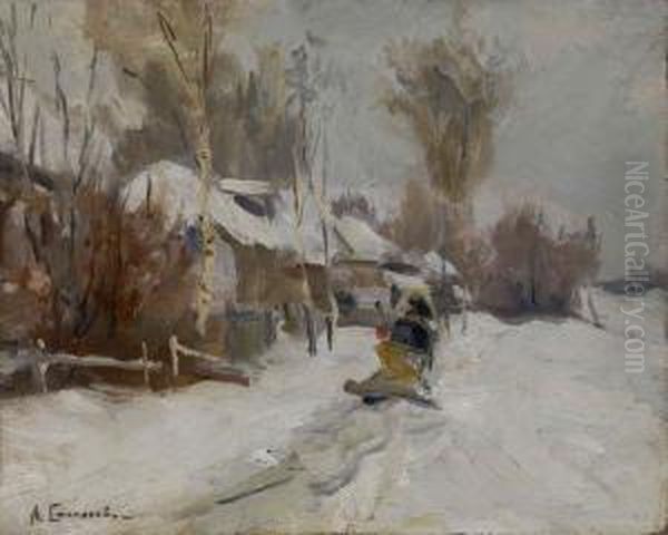 Winter Scene With Horse Sledge Oil Painting by Aleksi Stepanovich Stepanov