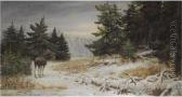 Elk In A Winter Landscape Oil Painting by Aleksi Stepanovich Stepanov