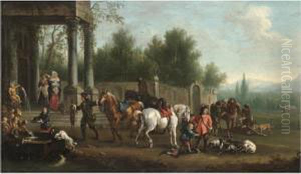 An Elegant Hunting Party Resting By A Fountain Oil Painting by Joseph Stephan