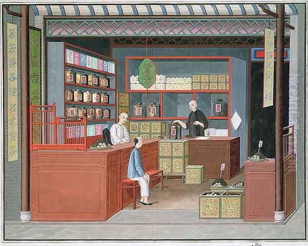 Ming-Tang Tea Store dealing fragrant Tenderleaf Tea Oil Painting by Anonymous Artist