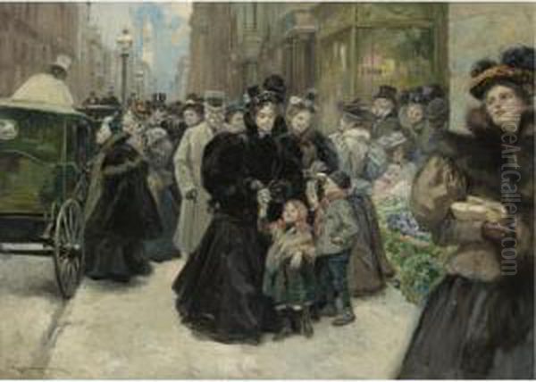 Christmas On Fifth Avenue Oil Painting by Alice Barber Stephens