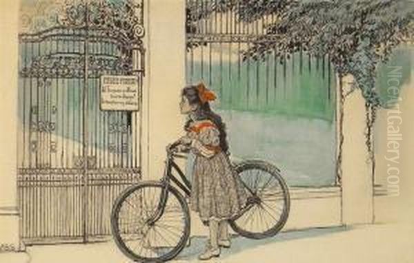 Girl With Bicycle Pauses At Gate. Oil Painting by Alice Barber Stephens