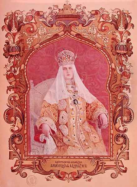 Portrait of Tsarina Alexandra Feodorovna 1872-1918 in traditional coronation dress, c.1894 Oil Painting by Anonymous Artist