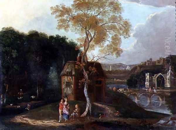 A Chinaman and Other Figures in a Capriccio River Landscape Oil Painting by Anonymous Artist