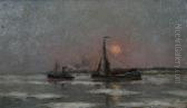 Marine Met Zeil-en Stoomboot Bij Ondergaande Zon Oil Painting by Romain Steppe