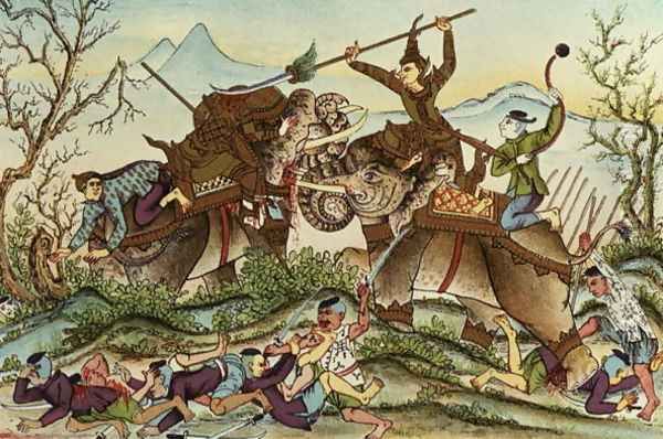 The Invincible Vorvong Decapitating his Opponent with One Stroke, illustration from the Cambodian Lengend of 'Vorvong and Saurivong', collected by Auguste Pavie on his Mission in Indo-China, 1879-98 Oil Painting by Anonymous Artist