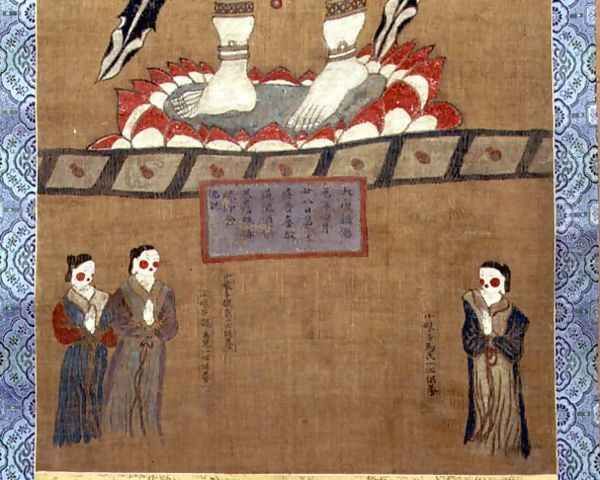 Female figures making offerings to Avalokitesvara (Guanyin) (detail from a hanging scroll from the Dunhuang Caves, 664 AD) Oil Painting by Anonymous Artist