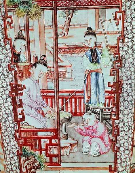 Detail from a vase depicting women spinning silk Oil Painting by Anonymous Artist