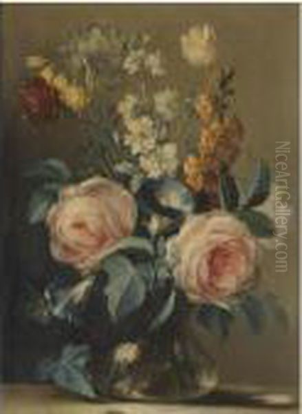 A Still Life With Roses And Other Flowers In A Glass Vase Oil Painting by Ludovico Stern