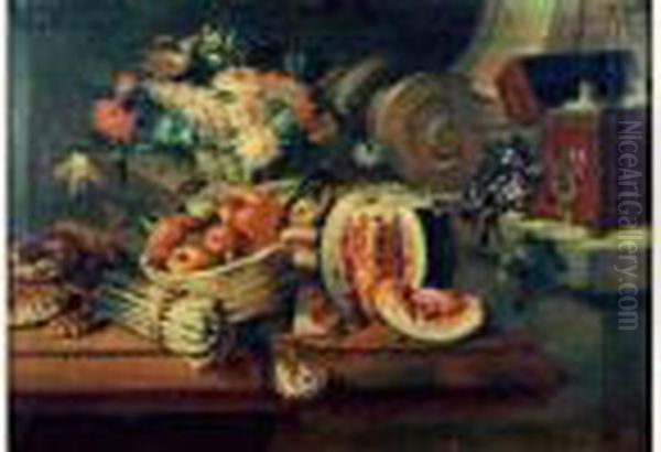 Nature Morte Aux Pasteque, Panier De Fruits, Asperges Et Coupe De Fleurs Oil Painting by Ludovico Stern