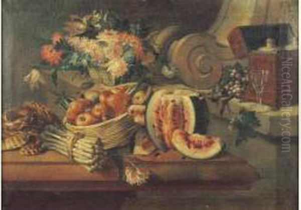 Nature Morte Au Pasteque, Panier De Fruits, Asperges Et Coupe De Fleurs Oil Painting by Ludovico Stern