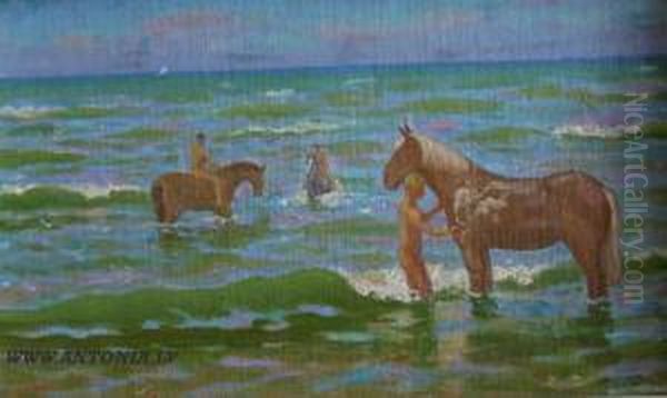 The Horses Taking For A Swim Oil Painting by Robert Stern