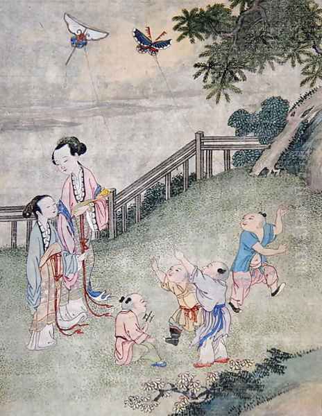 Children playing with kites Oil Painting by Anonymous Artist