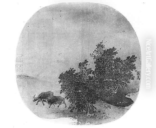 Landscape with water buffalo, Song Dynasty Oil Painting by Anonymous Artist