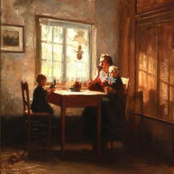 Interior With A Mother And Her Two Children Oil Painting by Jacobus Frederick Sterre De Jong