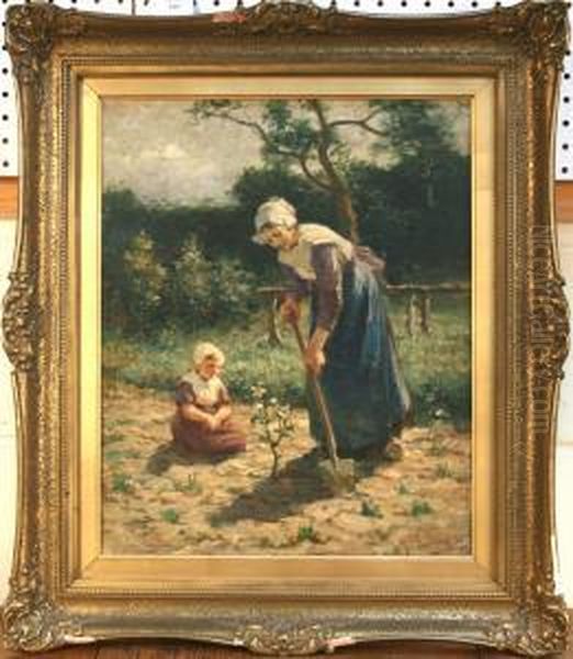 Mother And Child Workingin A Garden Oil Painting by Jacobus Frederick Sterre De Jong