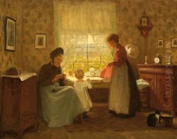 Three Generations Of Women In An Interior Oil Painting by Jacobus Frederick Sterre De Jong