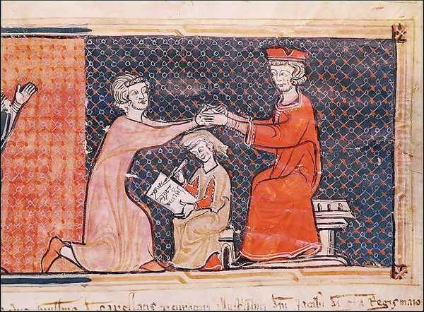 The Royal Prosecutor, the Scribe and the Feudal Lord, from 'Capbreu de Clayra et de Millas' 1292 Oil Painting by Anonymous Artist