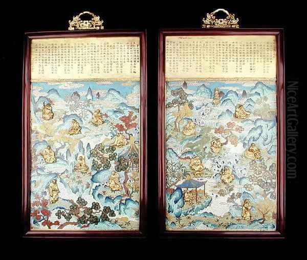 Pair of plaques depicting buddhist figures in a Chinese landscape, Qianlong period, 1736-95 Oil Painting by Anonymous Artist