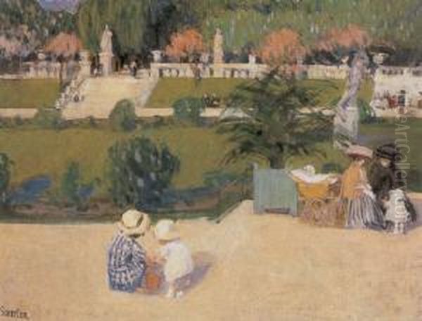 Children Playing In The Gardens Of Luxembourg Oil Painting by Martha Stettler