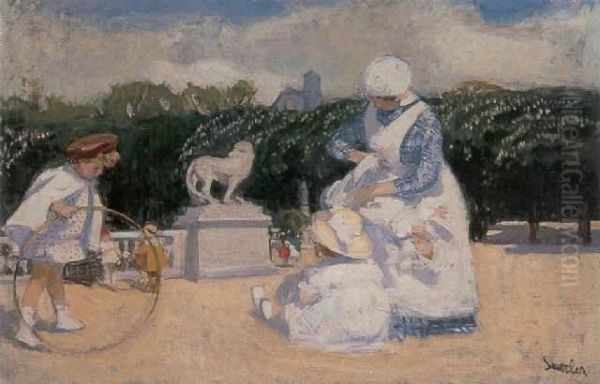 Playing With The Nanny In The Garden Of Luxembourg Oil Painting by Martha Stettler