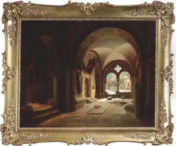 Medieval Cloister With Outlook To A Wintry Churchyard Oil Painting by Willem Steuerwaldt