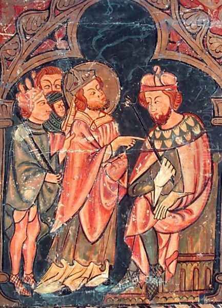 St. Cyprian (c.200-258) Bishop of Carthage brought before Emperor Valerian (r.253-60) 1300-25 Oil Painting by Anonymous Artist