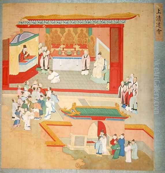 Emperor Hui Tsung (r.1100-26) practising with the Buddhist sect Tao-See, from a History of the Emperors of China Oil Painting by Anonymous Artist