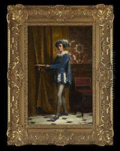 The Young Courtier In Blue Velvet Attiredelivering A Letter On A Gold Tray Oil Painting by Agapit Stevens