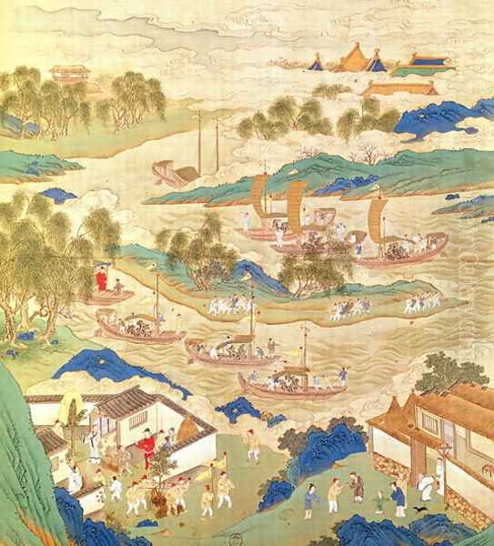 Emperor Hui Tsung (r.1100-26) transporting pierced stones and strange shaped trees, from a History of the Emperors of China Oil Painting by Anonymous Artist