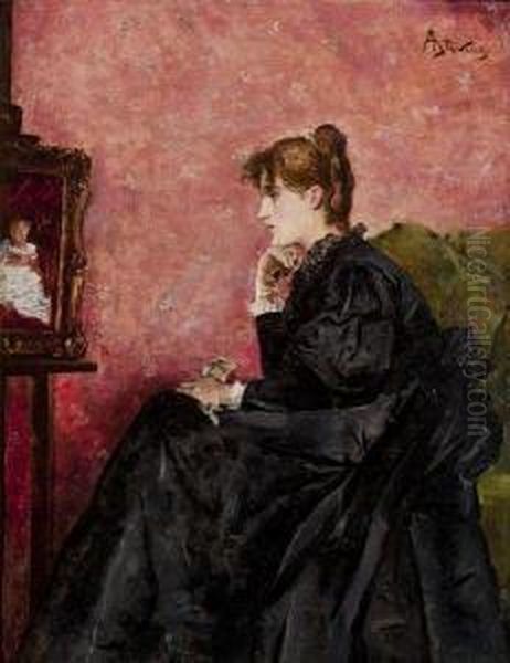 Jeune Femme Assise Devant Un Portrait D'enfant Oil Painting by Alfred Stevens