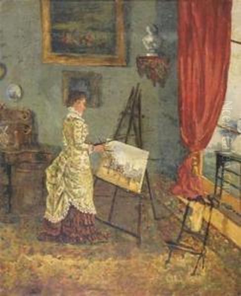 Lady Painting In An Interior Oil Painting by Alfred Stevens