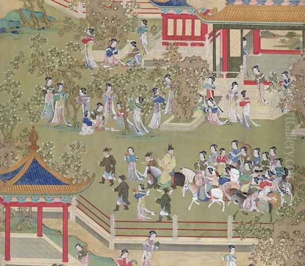 Emperor Yang Ti (581-618) strolling in his gardens with his wives, from a history of Chinese emperors Oil Painting by Anonymous Artist