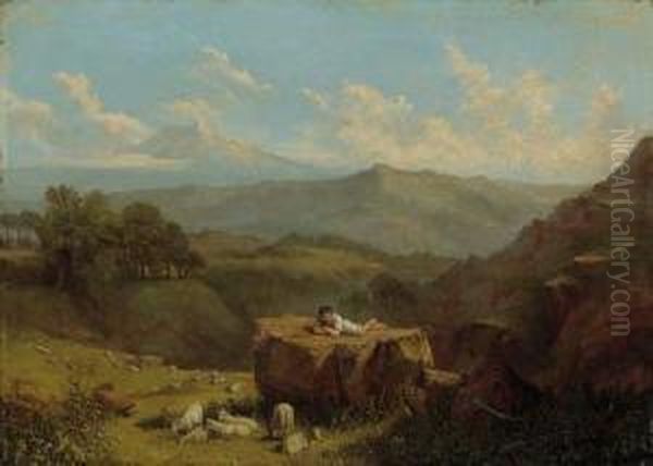 A Shepherd Boy With His Flock, In An Extensive Mountainouslandscape - An Illustration To Lord Byron's Childe Harold Oil Painting by Francis Stevens